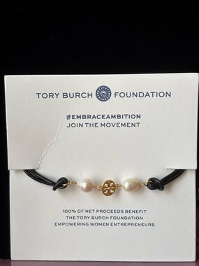 Tory Burch Gold bracelet , pearl & black leather